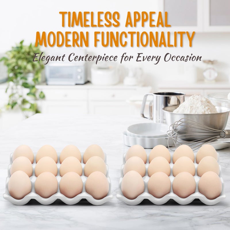 Flexzion 12 Cups Ceramic Egg Holder for Fridge - Dozen Ceramic Egg Tray Porcelain Container Storage Organizer Decorative Serving Stand Serveware for Refrigerator Countertop Display (White, 2 Pack) - Image 5